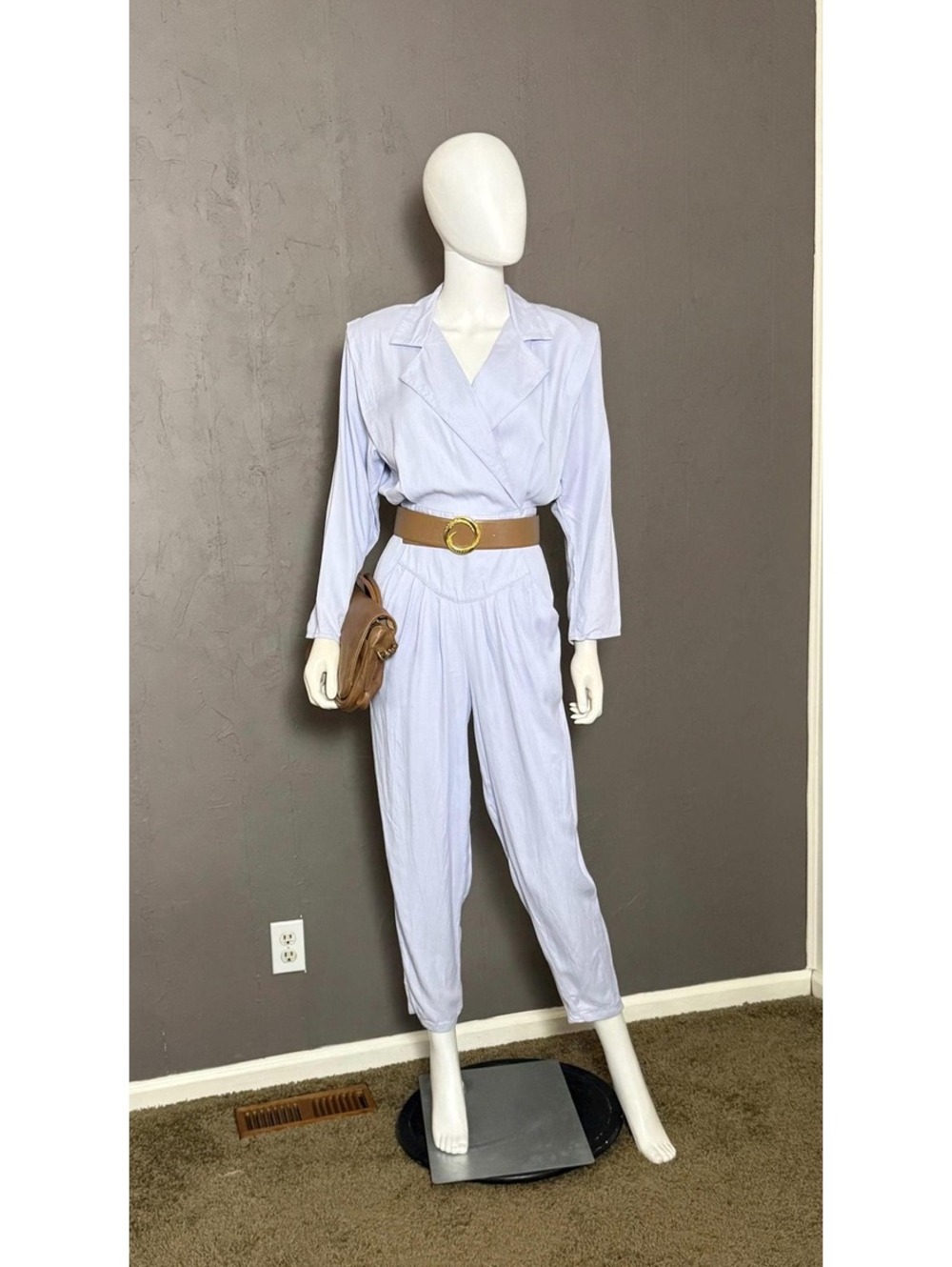 1980's Pale Cornflower Blue Jumpsuit Rayon Tailored S/M